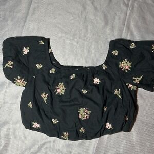 American Eagle Womens Crop Top Peasant Black Floral Boho‎ Large crochet festival